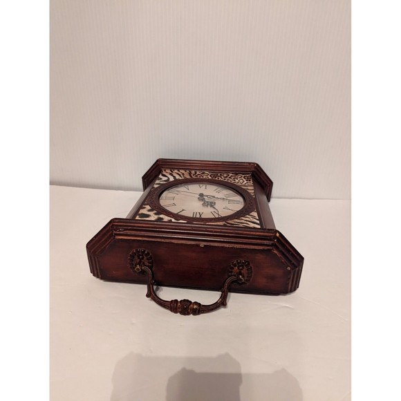 All Metal Handle Mantel Clock Safari  Wood design Back Secret Compartment Door - Picture 8 of 12